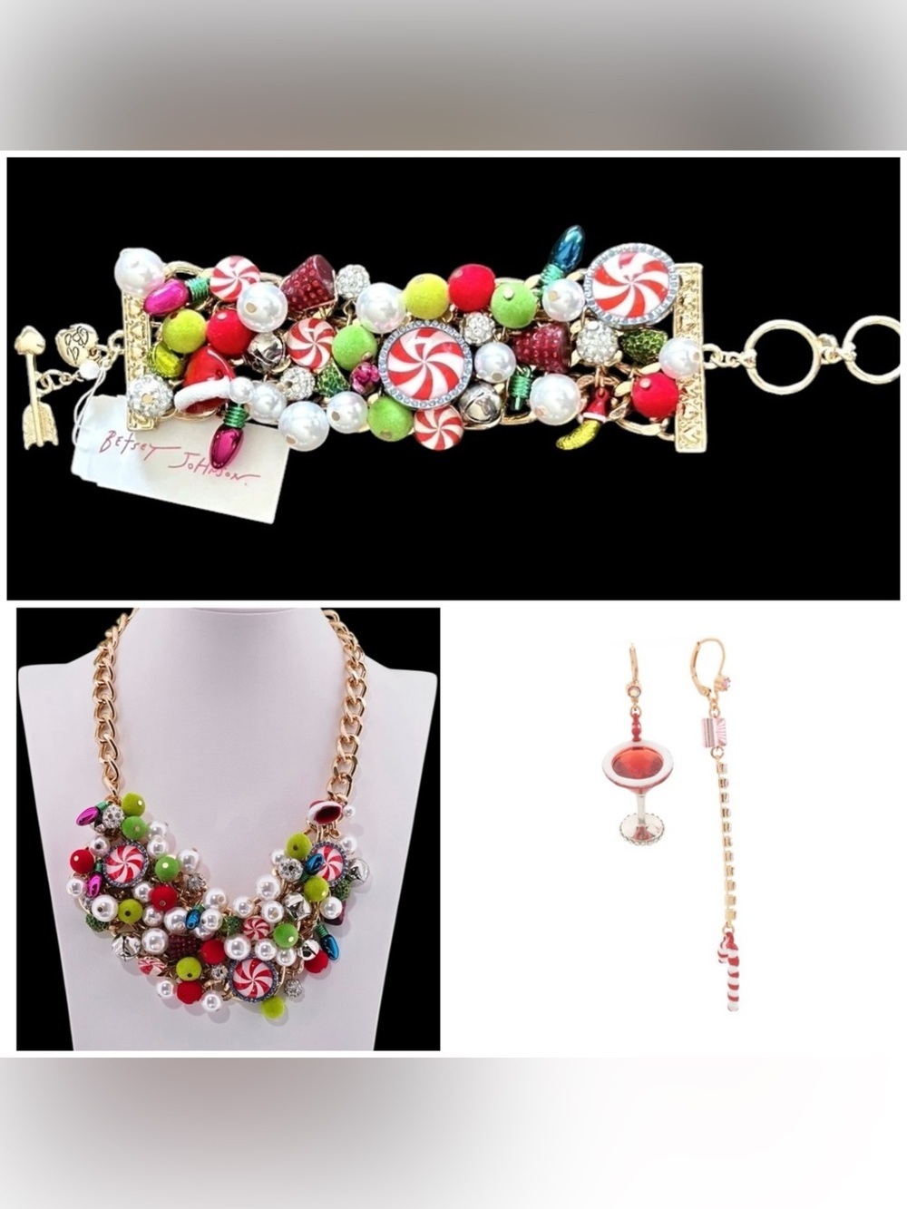 BETSEY JOHNSON SET Christmas Candy Faux Pearl Charm Necklace & Earrings NEW NWT
